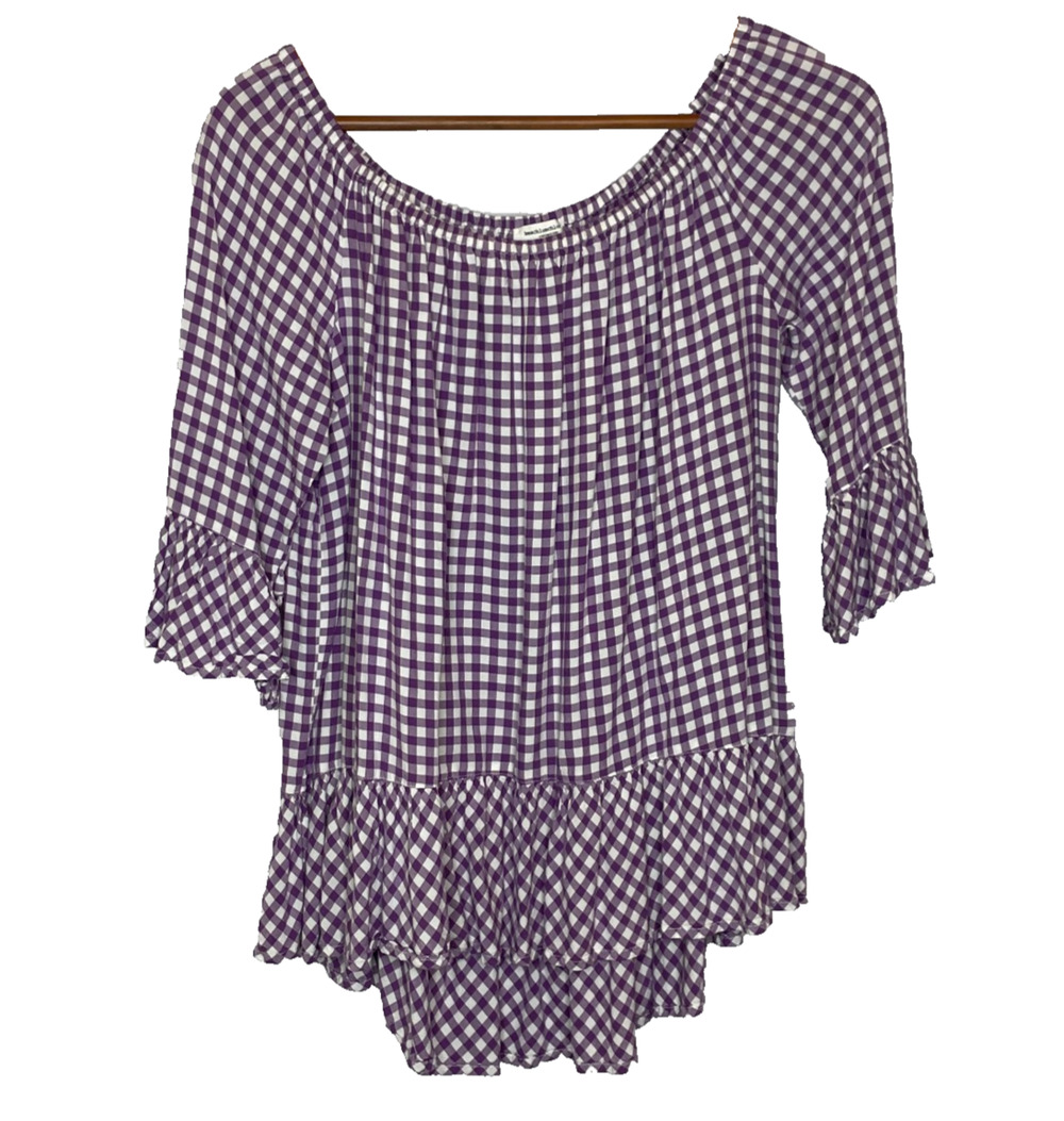 Women's Large Beach Lunch Lounge Purple Plaid Ruffle Trim Scoop Neck Blouse